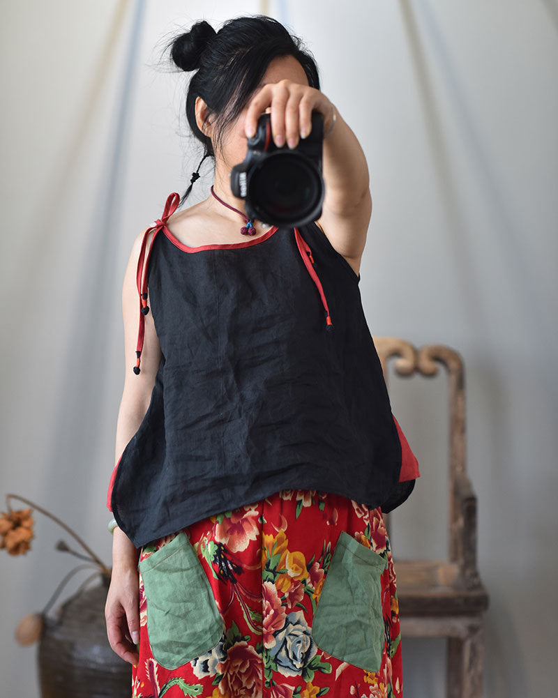 100% Ramie Linen Adjustable Camisole with Color-block Neckline 250808s