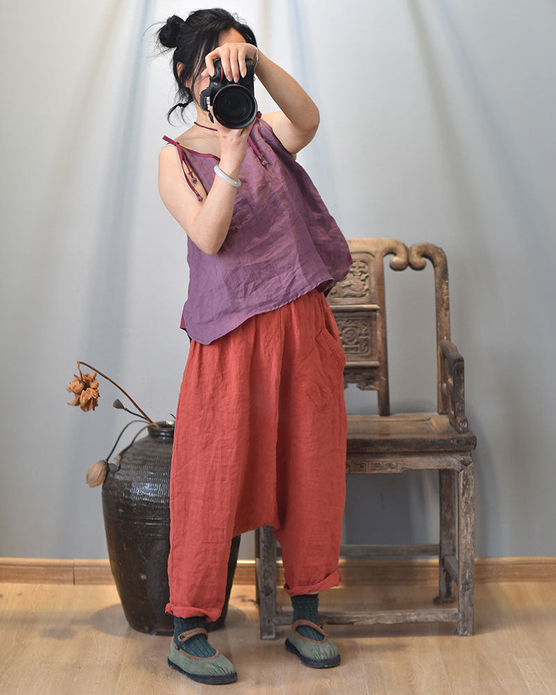 100% Ramie Linen Adjustable Camisole with Color-block Neckline 250808s