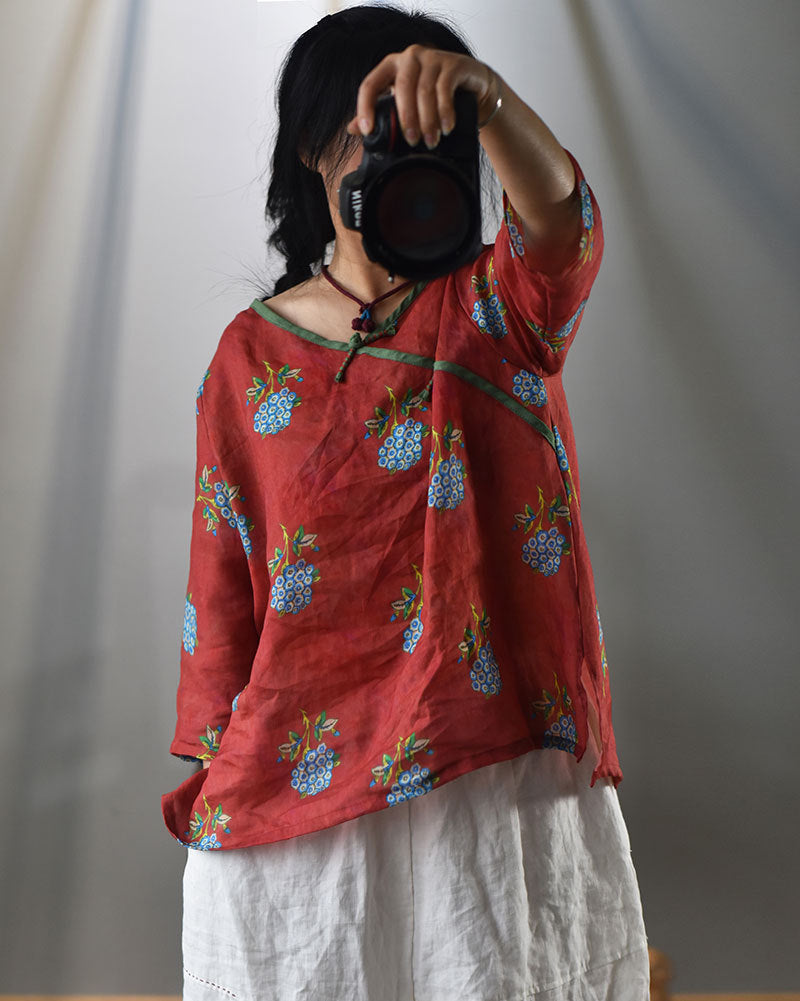 100% Ramie Linen Loose-fitting V-neck Shirt with Frog Buttons 250715s