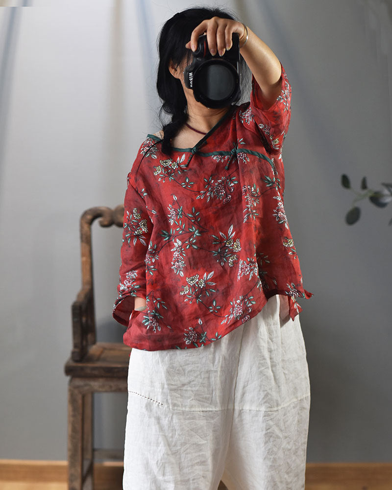 100% Ramie Linen Loose-fitting V-neck Shirt with Frog Buttons 250715s