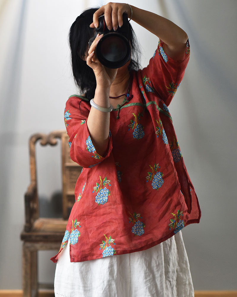 100% Ramie Linen Loose-fitting V-neck Shirt with Frog Buttons 250715s