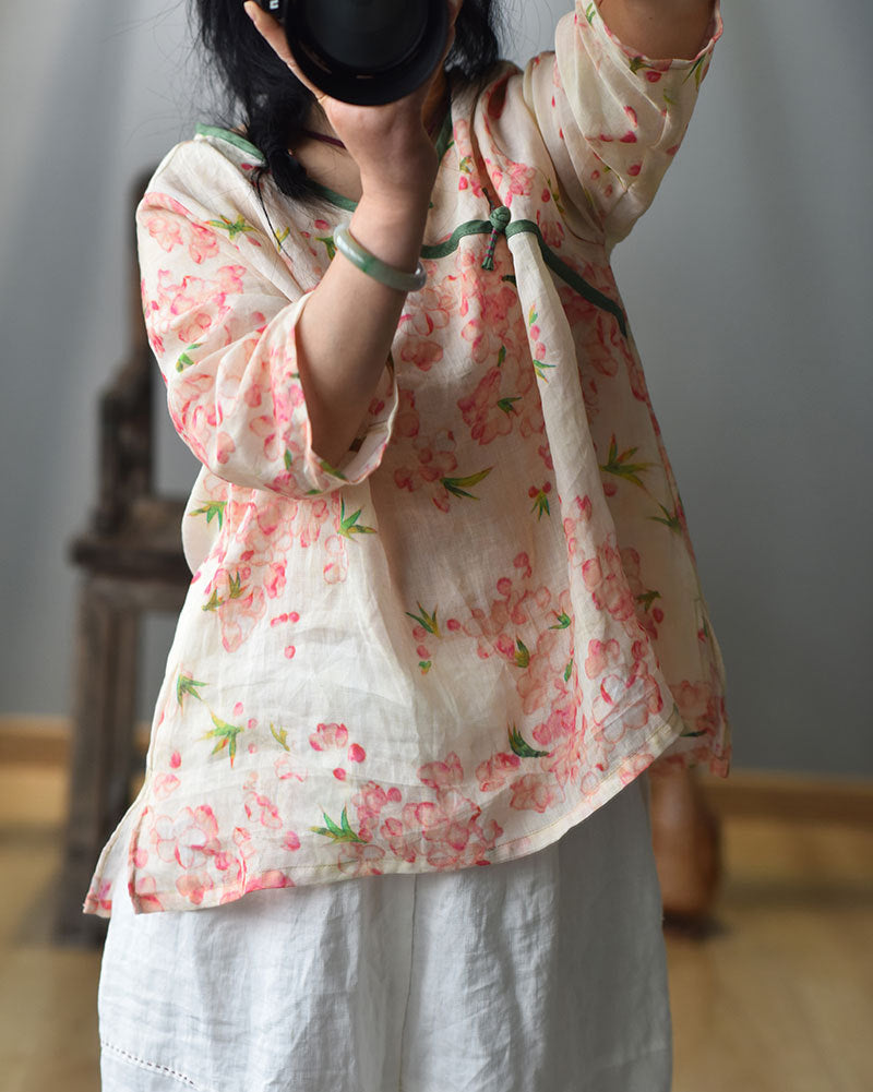 100% Ramie Linen Loose-fitting V-neck Shirt with Frog Buttons 250715s