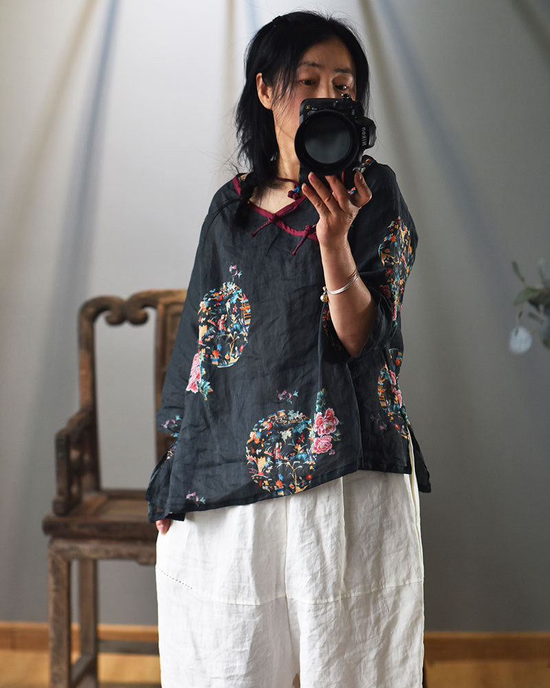 100% Ramie Linen Loose-fitting V-neck Shirt with Frog Buttons 250715s