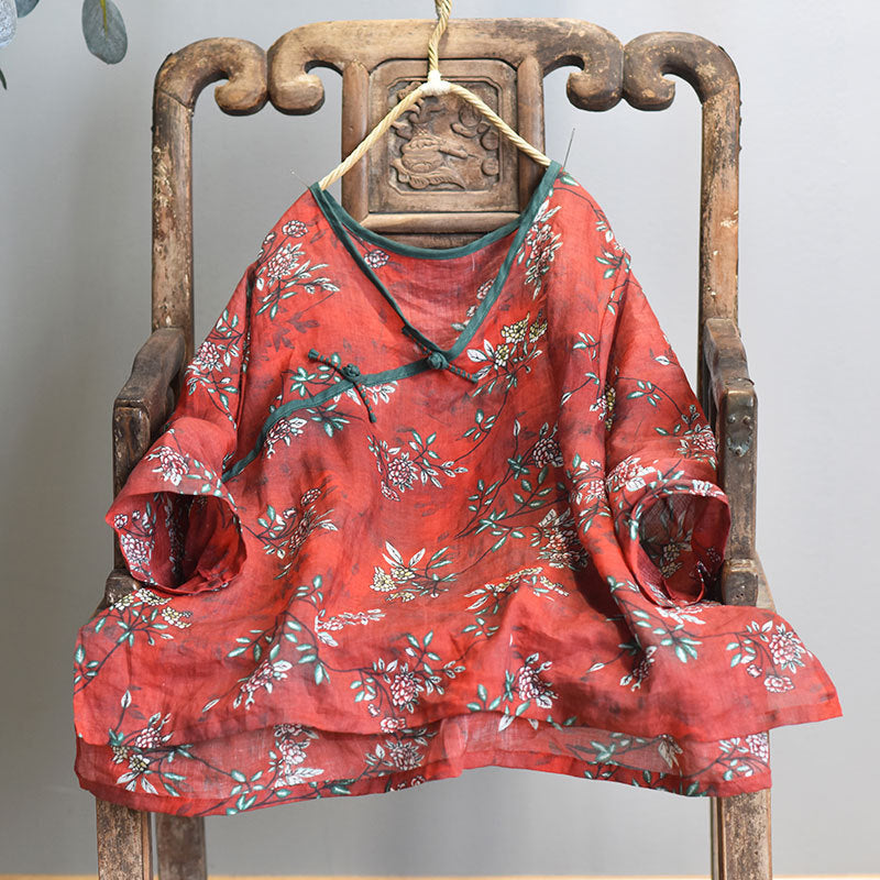 100% Ramie Linen Loose-fitting V-neck Shirt with Frog Buttons 250715s