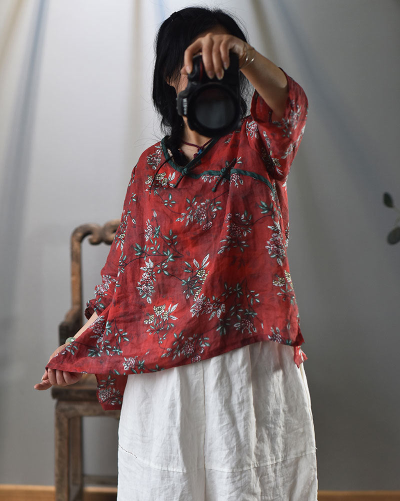 100% Ramie Linen Loose-fitting V-neck Shirt with Frog Buttons 250715s