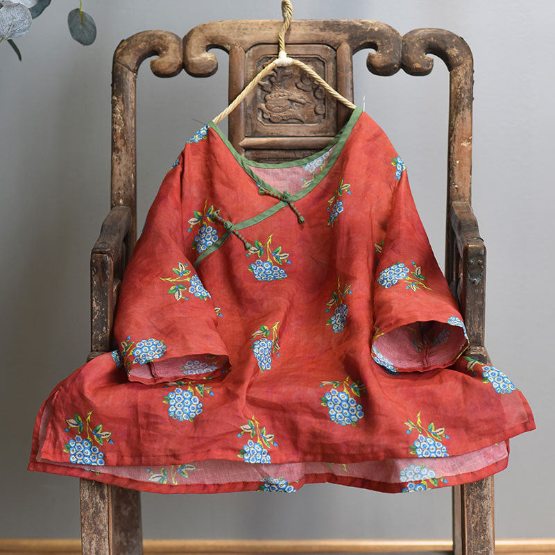 100% Ramie Linen Loose-fitting V-neck Shirt with Frog Buttons 250715s