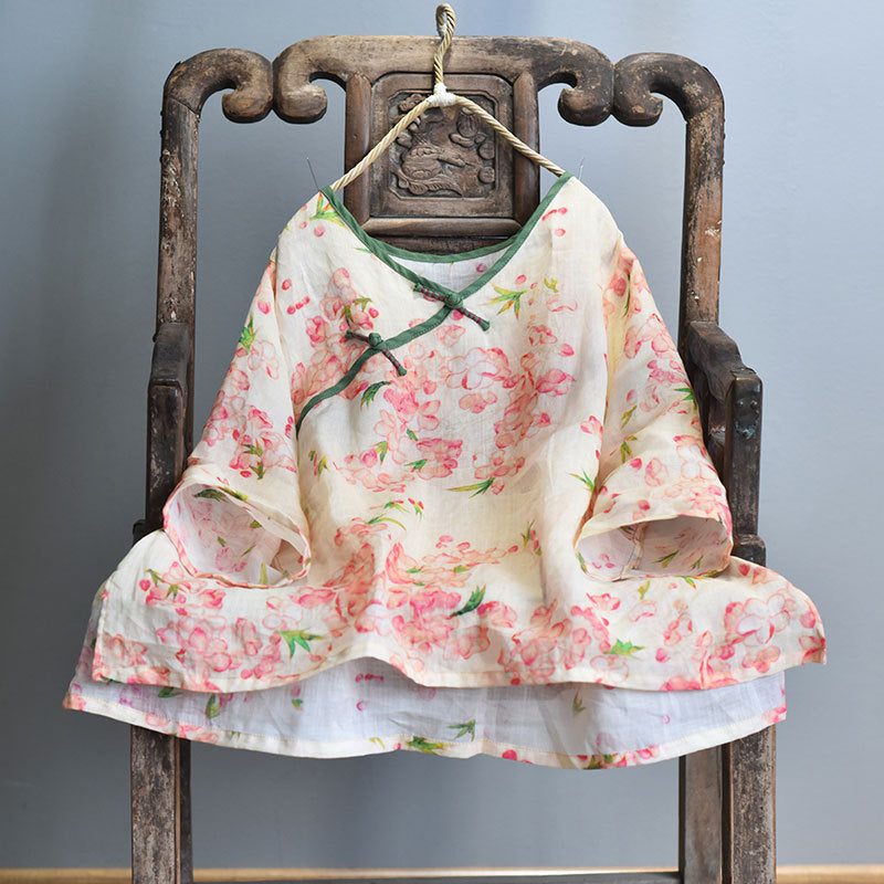 100% Ramie Linen Loose-fitting V-neck Shirt with Frog Buttons 250715s