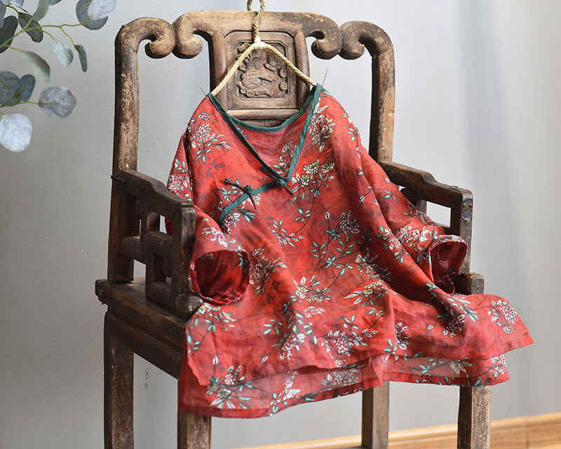 100% Ramie Linen Loose-fitting V-neck Shirt with Frog Buttons 250715s