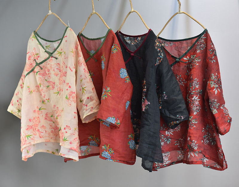 100% Ramie Linen Loose-fitting V-neck Shirt with Frog Buttons 250715s