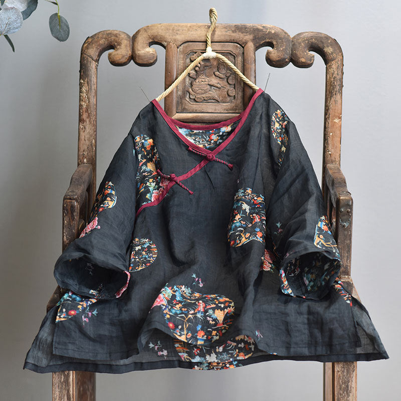 100% Ramie Linen Loose-fitting V-neck Shirt with Frog Buttons 250715s