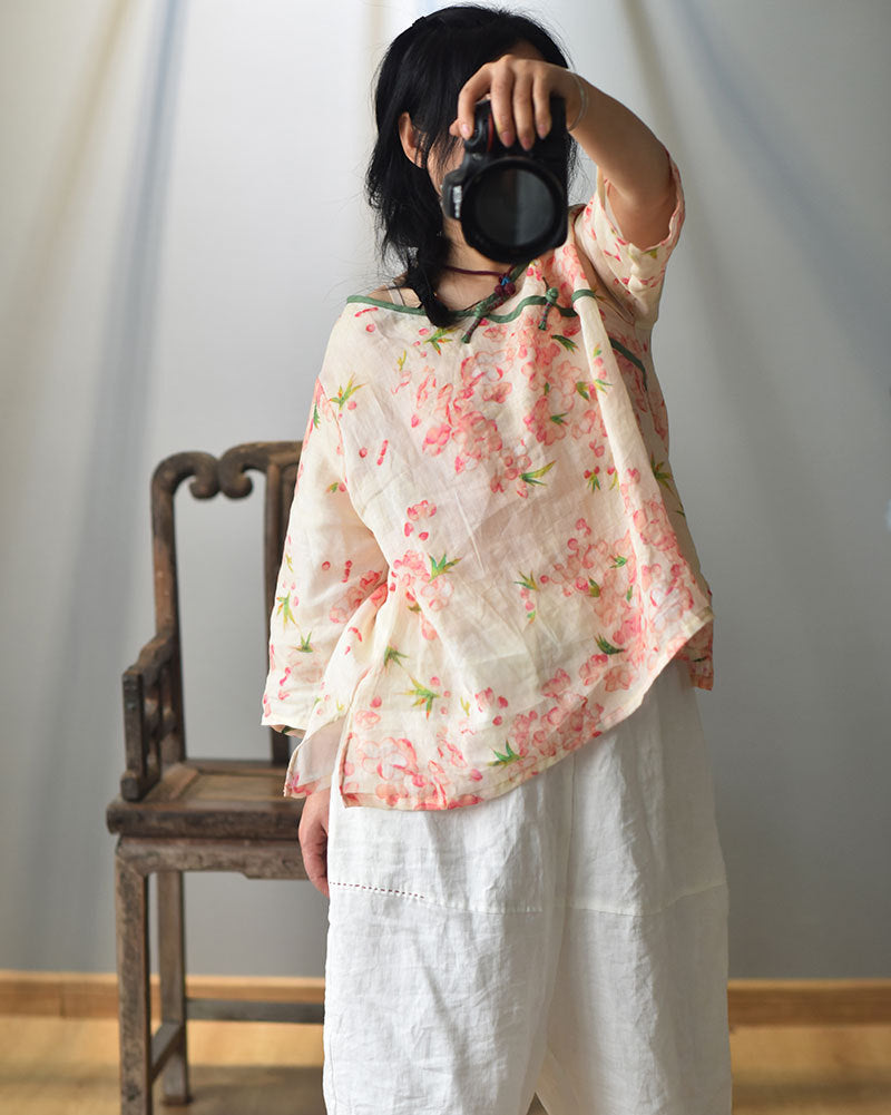 100% Ramie Linen Loose-fitting V-neck Shirt with Frog Buttons 250715s