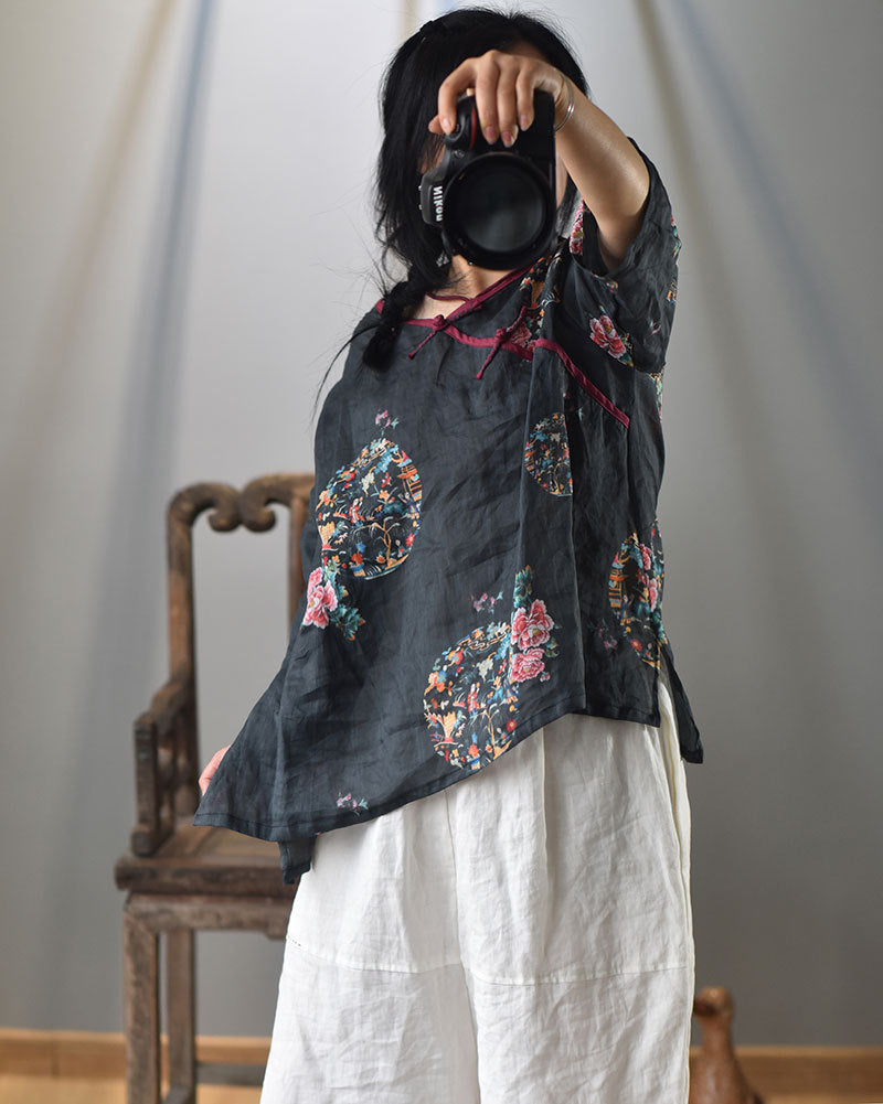 100% Ramie Linen Loose-fitting V-neck Shirt with Frog Buttons 250715s