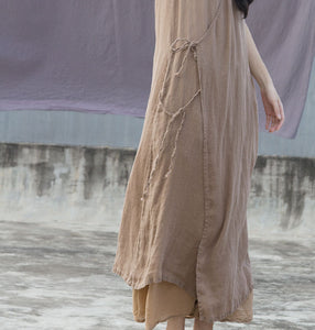 100% Ramie Linen Dress with V Collar and Pockets 240904a