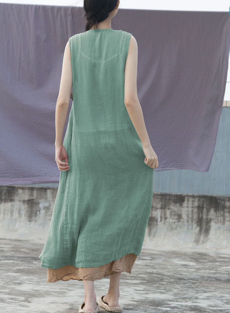 100% Ramie Linen Dress with V Collar and Pockets 240904a