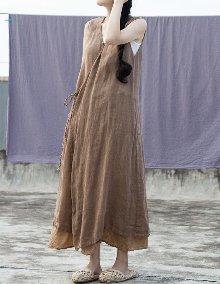 100% Ramie Linen Dress with V Collar and Pockets 240904a