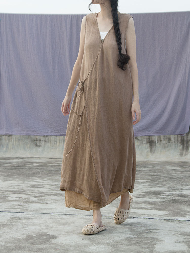 100% Ramie Linen Dress with V Collar and Pockets 240904a