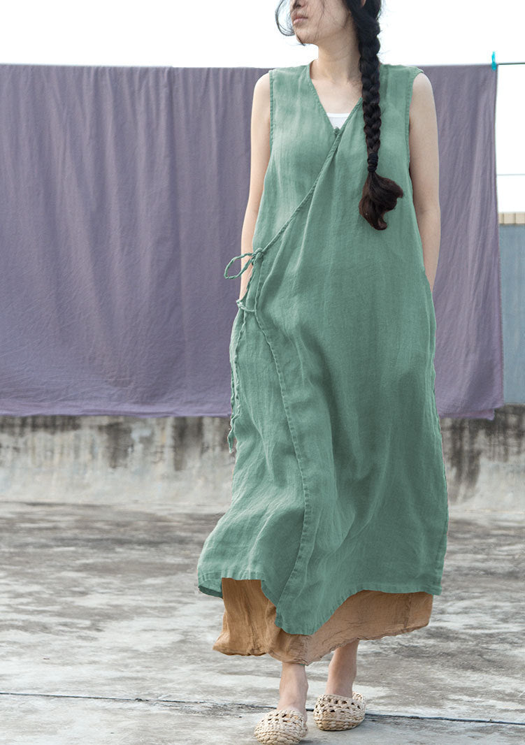 100% Ramie Linen Dress with V Collar and Pockets 240904a