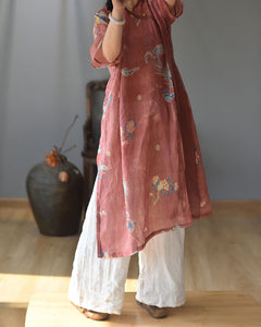 100% Ramie Linen Women Maxi Tunic Dress with Vintage Print, Linen Dress, linen Long Blouse women with V Collar 242305s