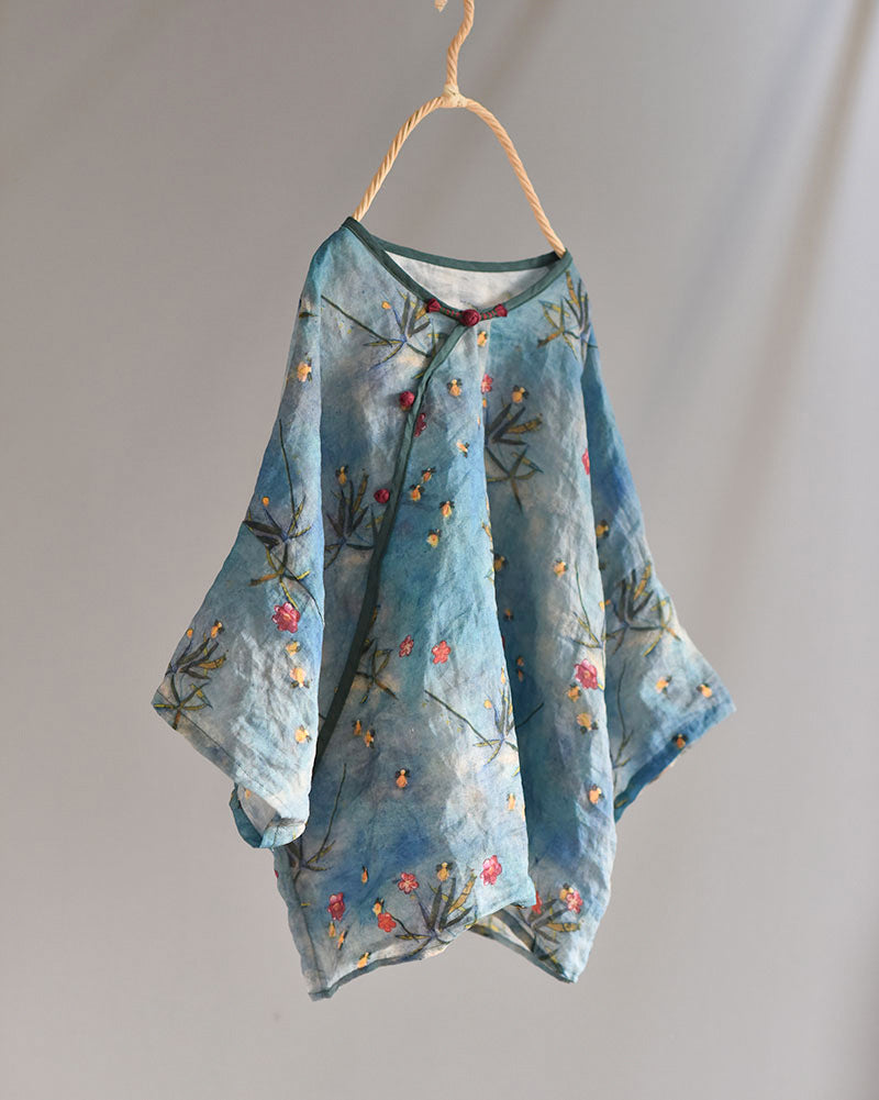 100% Ramie Linen Women Vintage Hanfu Blouse with Elbow-length Sleeves 250714s