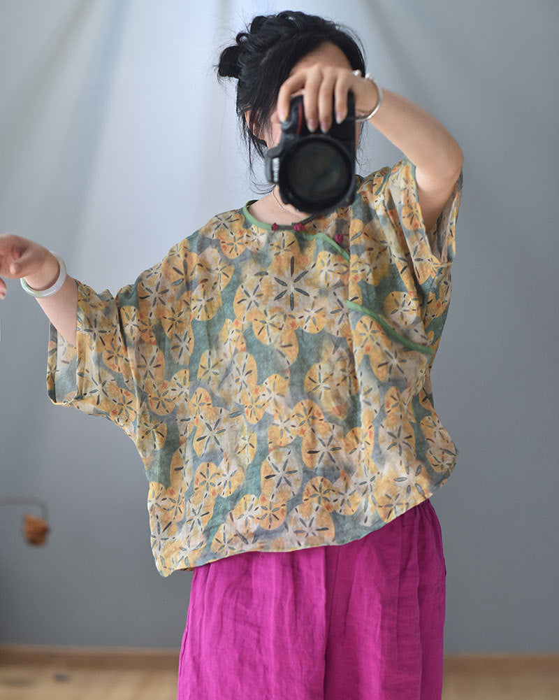 100% Ramie Linen Women Vintage Hanfu Blouse with Elbow-length Sleeves 250714s