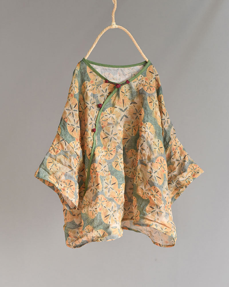 100% Ramie Linen Women Vintage Hanfu Blouse with Elbow-length Sleeves 250714s