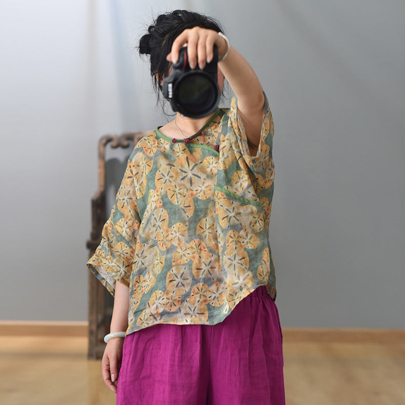 100% Ramie Linen Women Vintage Hanfu Blouse with Elbow-length Sleeves 250714s