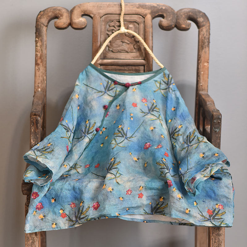 100% Ramie Linen Women Vintage Hanfu Blouse with Elbow-length Sleeves 250714s