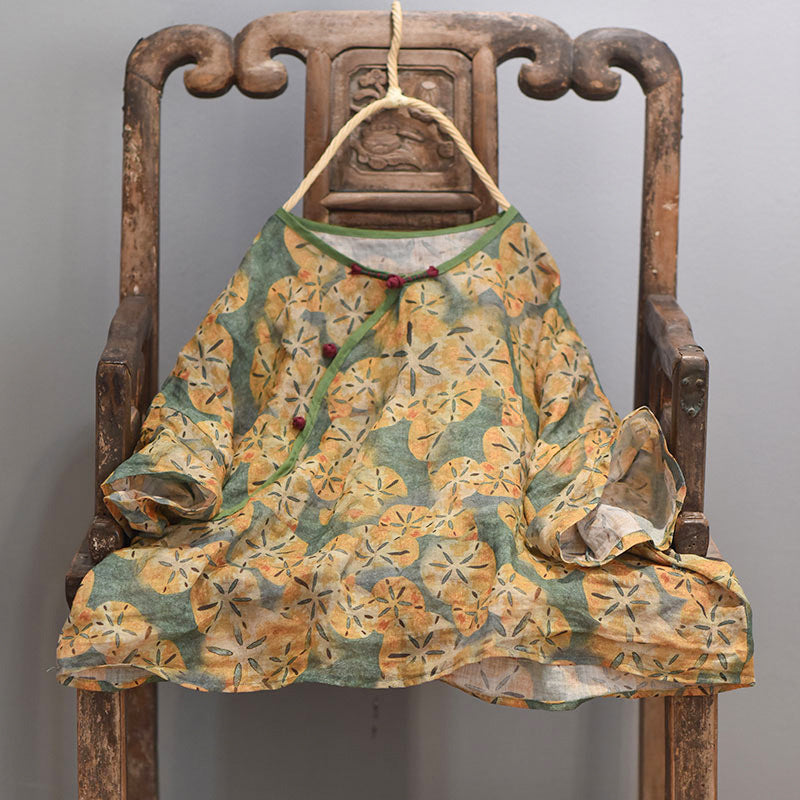 100% Ramie Linen Women Vintage Hanfu Blouse with Elbow-length Sleeves 250714s