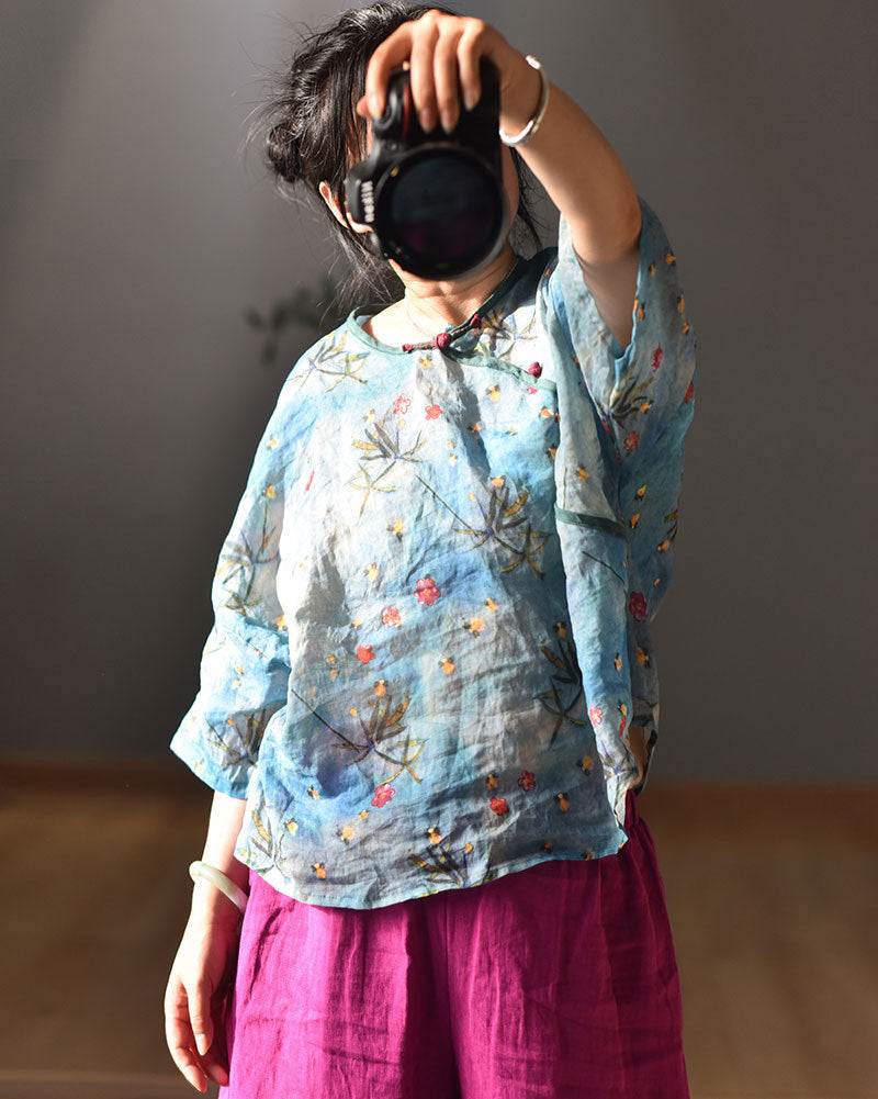 100% Ramie Linen Women Vintage Hanfu Blouse with Elbow-length Sleeves 250714s