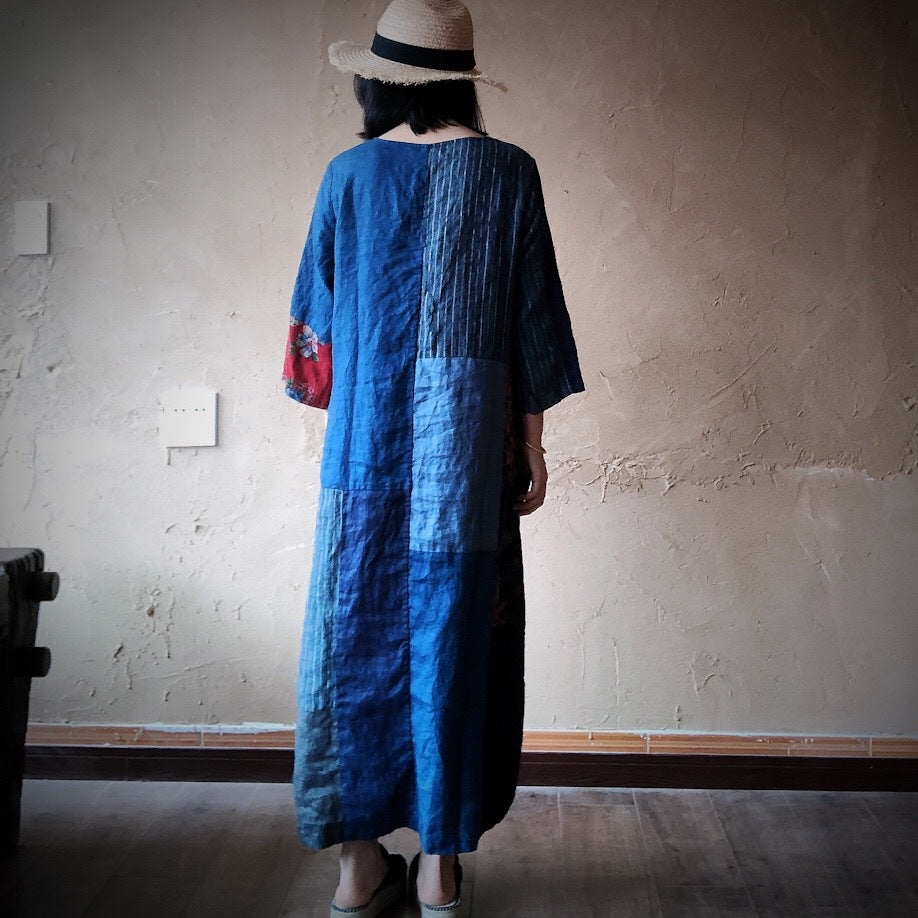 Linen Cotton Casual Maxi Dress with Patchwork Design, women overall, women linen dress 240401s