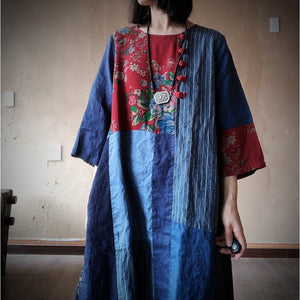 Linen Cotton Casual Maxi Dress with Patchwork Design, women overall, women linen dress 240401s