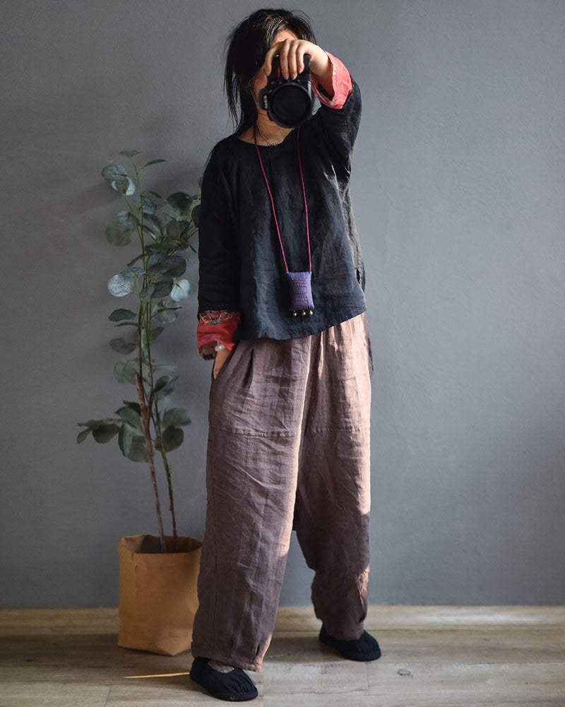 100% Linen Women Carrot Pants with Pockets for Tai chi, Wide Leg Pants, linen Culottes women 250906a