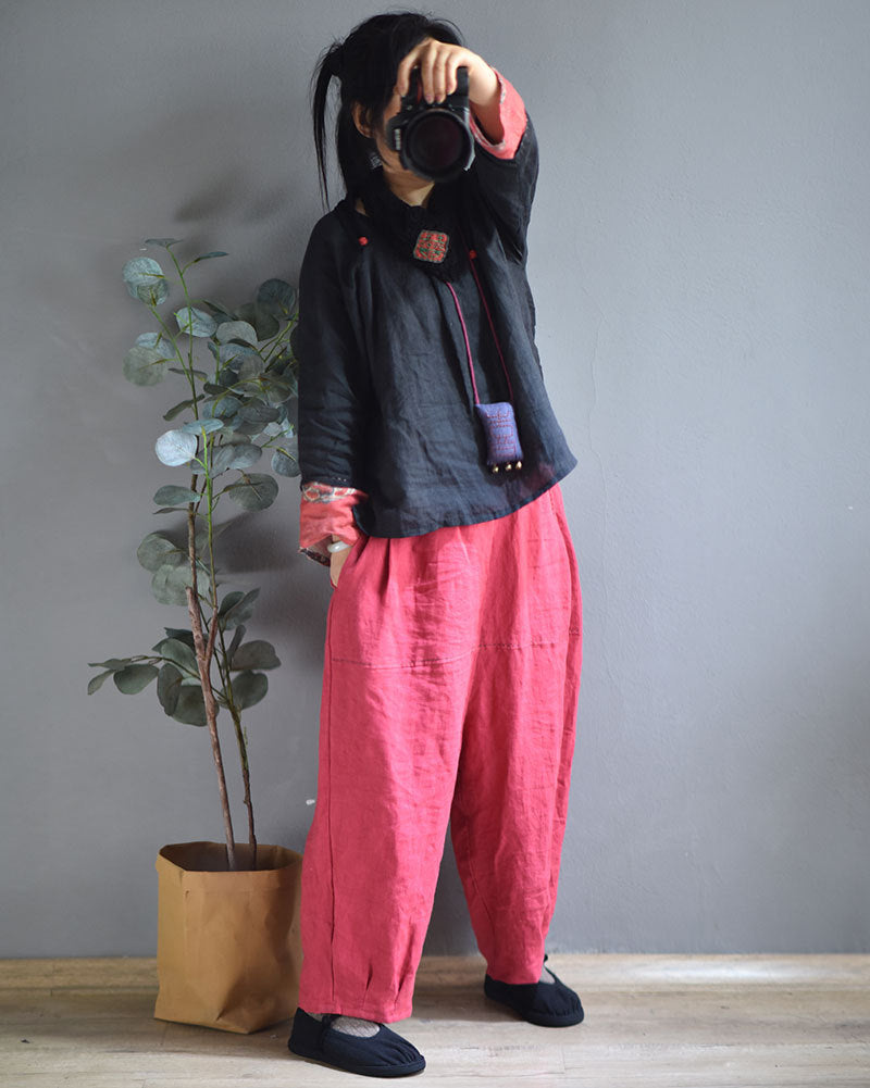 100% Linen Women Carrot Pants with Pockets for Tai chi, Wide Leg Pants, linen Culottes women 250906a