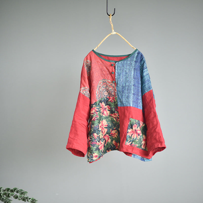 100% Linen Double Layered Women Shirt Pullover with Patchwork Style, Linen women blouse 230515w