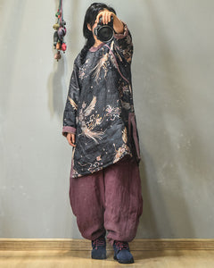 Linen Cotton Women Quilted Chinese Long Tunic with Vintage Print and Traditional Buttons 231913t