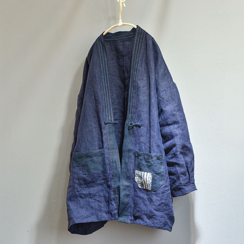 Cotton Linen Unisex Patchwork Tea Robe with Traditional Homespun Fabric & Frog Button Closure 250713s
