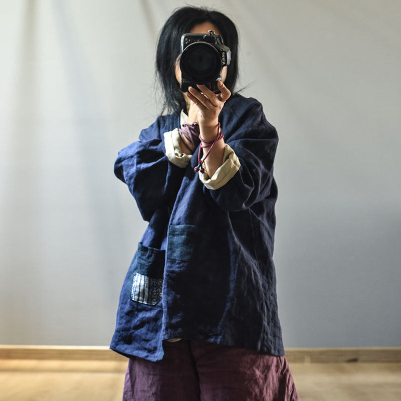 Cotton Linen Unisex Patchwork Tea Robe with Traditional Homespun Fabric & Frog Button Closure 250713s