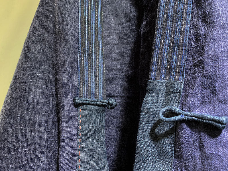 Cotton Linen Unisex Patchwork Tea Robe with Traditional Homespun Fabric & Frog Button Closure 250713s