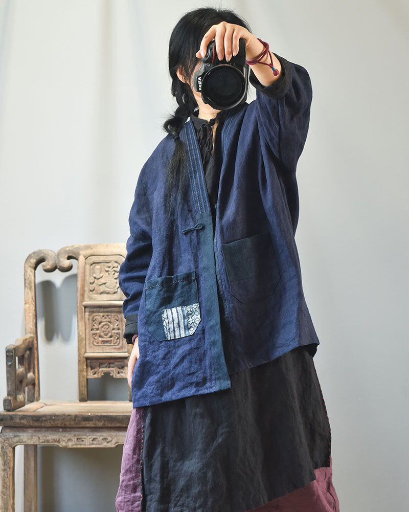 Cotton Linen Unisex Patchwork Tea Robe with Traditional Homespun Fabric & Frog Button Closure 250713s
