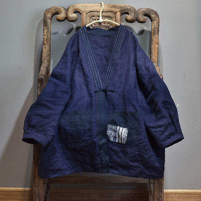 Cotton Linen Unisex Patchwork Tea Robe with Traditional Homespun Fabric & Frog Button Closure 250713s