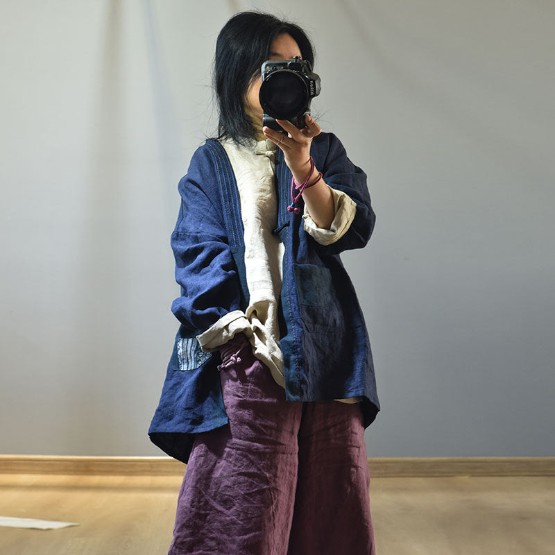 Cotton Linen Unisex Patchwork Tea Robe with Traditional Homespun Fabric & Frog Button Closure 250713s