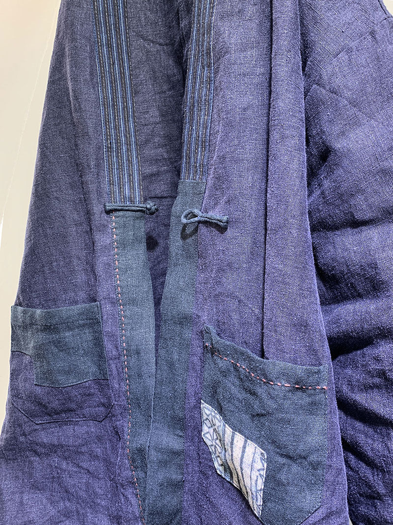 Cotton Linen Unisex Patchwork Tea Robe with Traditional Homespun Fabric & Frog Button Closure 250713s