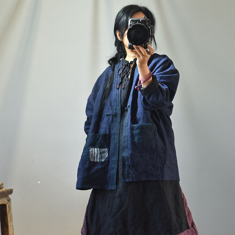 Cotton Linen Unisex Patchwork Tea Robe with Traditional Homespun Fabric & Frog Button Closure 250713s