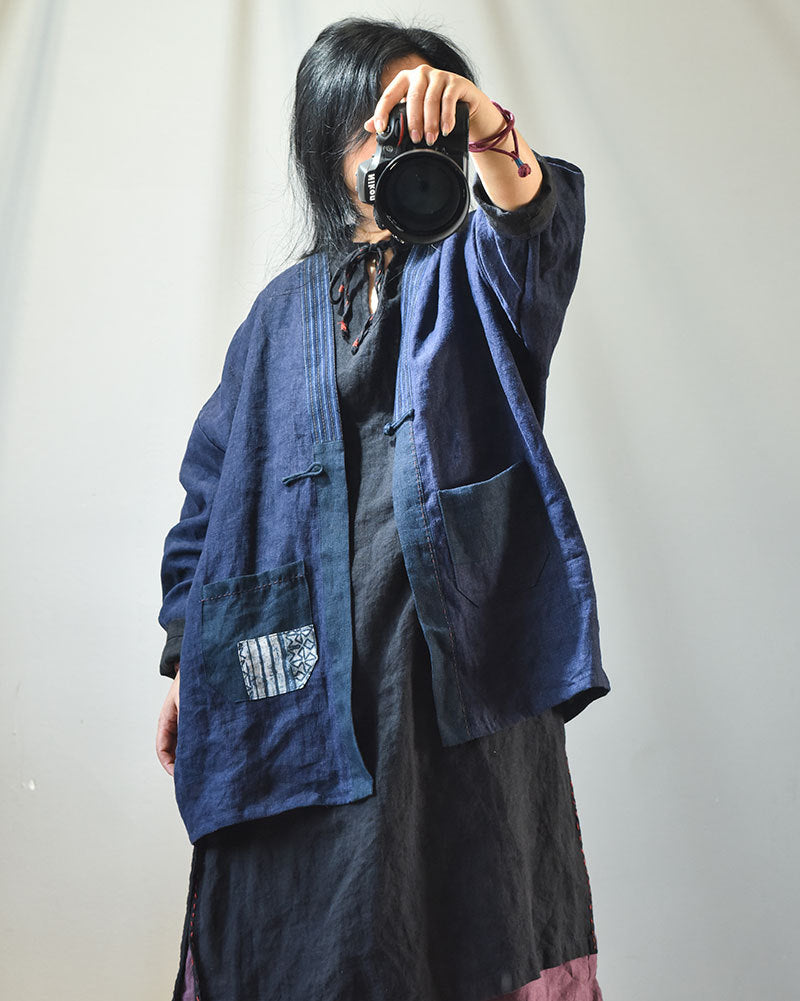 Cotton Linen Unisex Patchwork Tea Robe with Traditional Homespun Fabric & Frog Button Closure 250713s