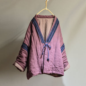 100% Linen Vintage Chinese Women Jacket with Patchwork Design linen women winter jacket 241106w