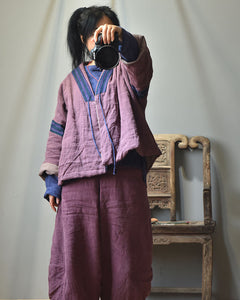 100% Linen Vintage Chinese Women Jacket with Patchwork Design linen women winter jacket 241106w