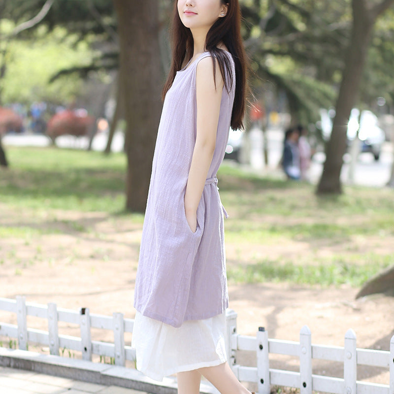 Double Layered Linen midi dress women in two colors with pockets, linen overall dress 230046k