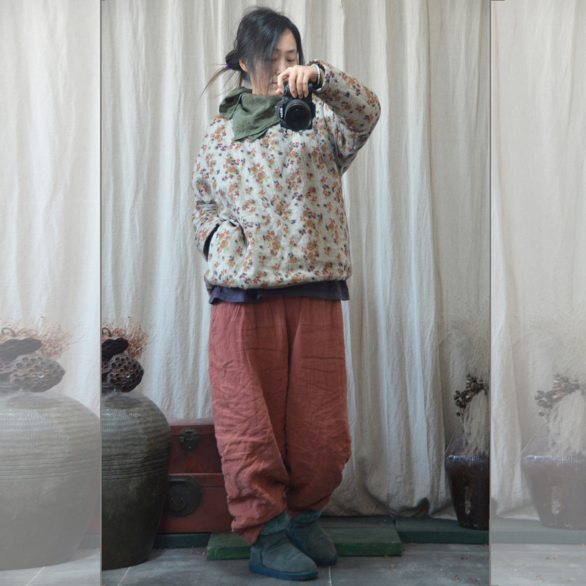 Linen Cotton Winter Women Quilted Pullover with Floral Print, Chinese style Hanfu 250903a