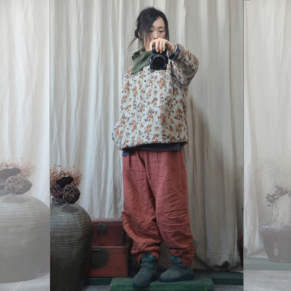 Linen Cotton Winter Women Quilted Pullover with Floral Print, Chinese style Hanfu 250903a