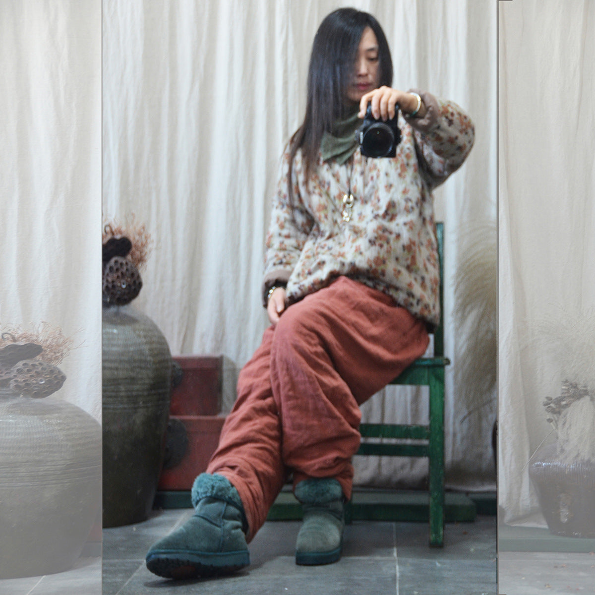 Linen Cotton Winter Women Quilted Pullover with Floral Print, Chinese style Hanfu 250903a